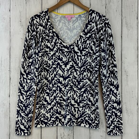 Lilly Pulitzer Bright Navy Treasure Adelaide V-Neck Knit Sweater Size Small - Picture 1 of 13